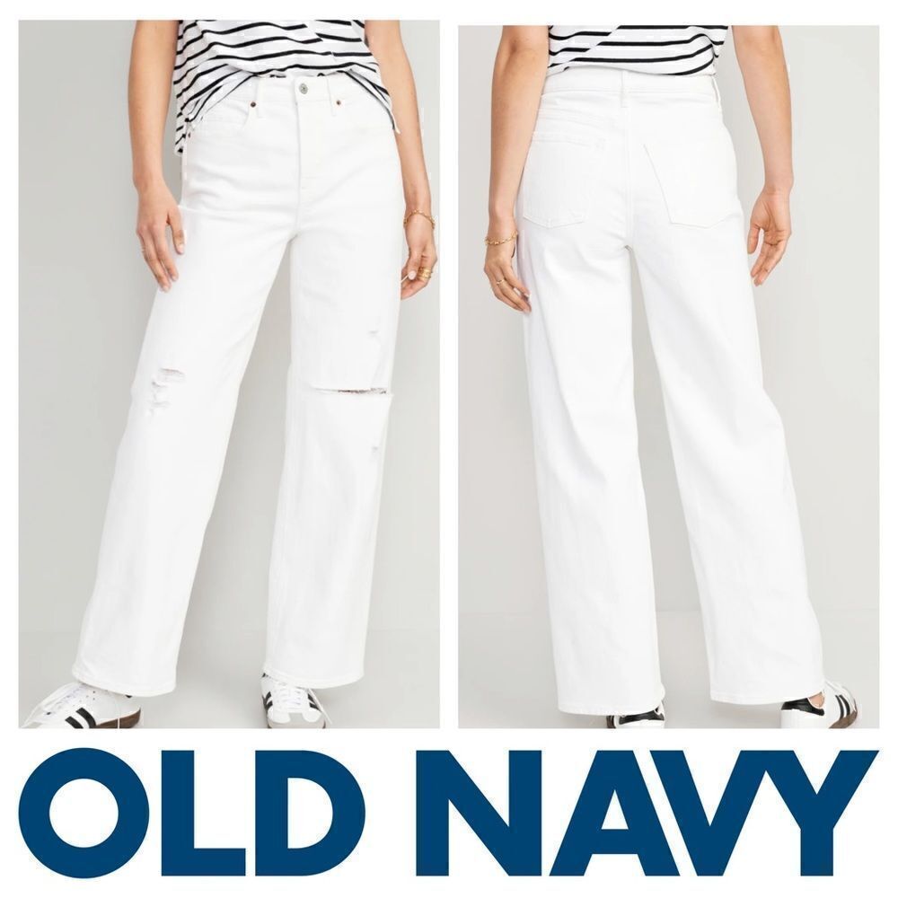 NWT Old Navy Sky-Hi Straight Extra High Rise Distressed White Button Fly Jeans